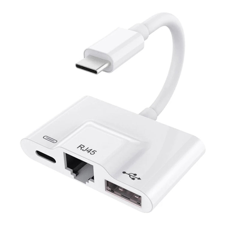 3-in-1 USB-C / Typ-C Stecker auf USB + 100M RJ45 Ethernet + Typ-C Power Buchse Adapter, 3-in-1