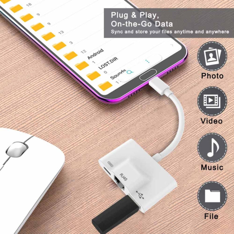 3-in-1 USB-C / Typ-C Stecker auf USB + 100M RJ45 Ethernet + Typ-C Power Buchse Adapter, 3-in-1