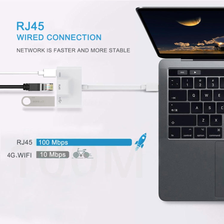 3-in-1 USB-C / Typ-C Stecker auf USB + 100M RJ45 Ethernet + Typ-C Power Buchse Adapter, 3-in-1