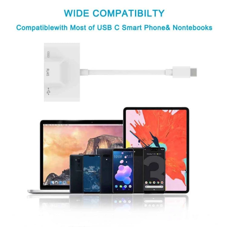 3-in-1 USB-C / Typ-C Stecker auf USB + 100M RJ45 Ethernet + Typ-C Power Buchse Adapter, 3-in-1