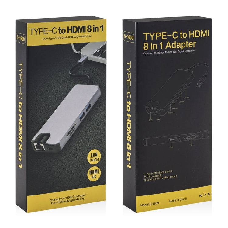 8 in 1 Typ-C zu HDMI + USB 3.0 + USB 3.0 + Typ-C + LAN + VGA + TF/SD Kartenleser Adapter