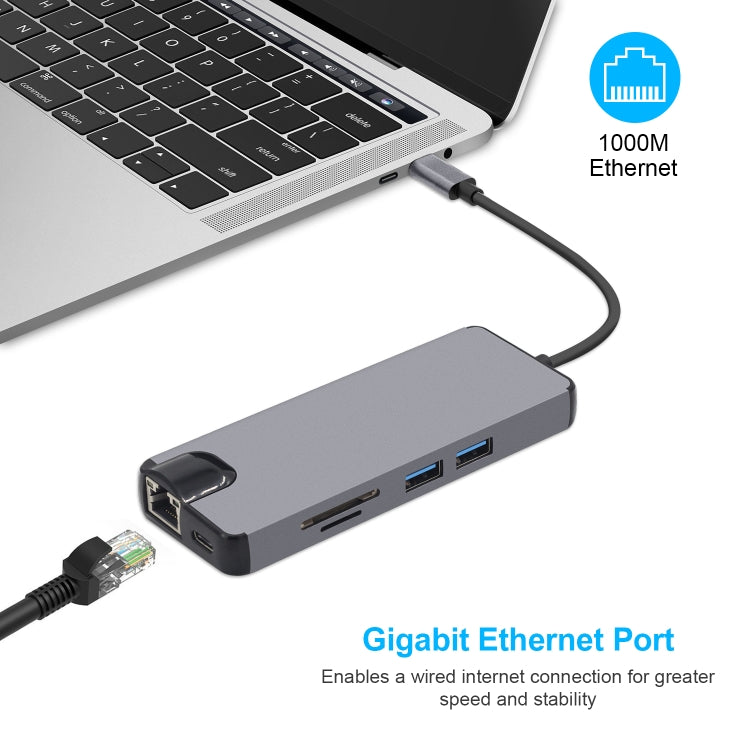 8 in 1 Typ-C zu HDMI + USB 3.0 + USB 3.0 + Typ-C + LAN + VGA + TF/SD Kartenleser Adapter