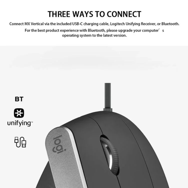Logitech MX Vertical 4000DPI USB-C / Typ-C + Unifying + Bluetooth Drei-Modus Ergonomische kabellose optische Vertikalmaus, MX Vertical