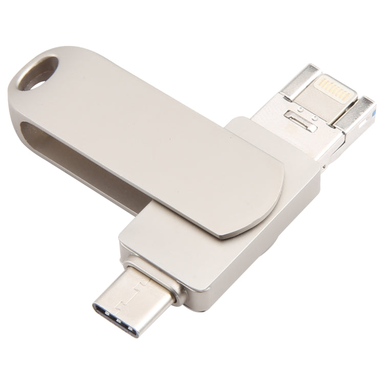 3 in 1 64G Micro USB + 8 Pin + Typ-C Metall rotierender Push-Pull-Flash-Speicher mit OTG-Funktion, 64G USB + 8 Pin + Typ-C