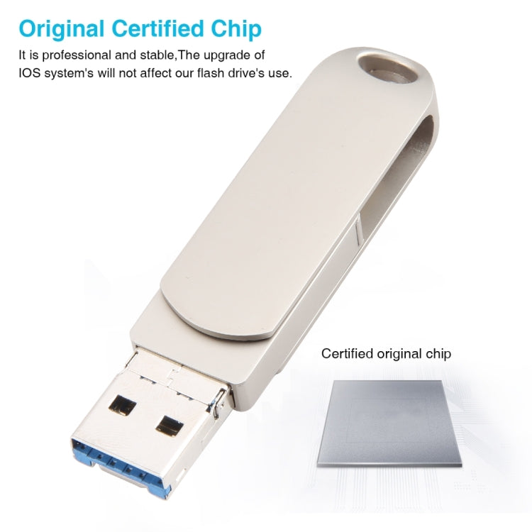 3 in 1 64G Micro USB + 8 Pin + Typ-C Metall rotierender Push-Pull-Flash-Speicher mit OTG-Funktion, 64G USB + 8 Pin + Typ-C