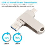 3 in 1 64G Micro USB + 8 Pin + Typ-C Metall rotierender Push-Pull-Flash-Speicher mit OTG-Funktion, 64G USB + 8 Pin + Typ-C