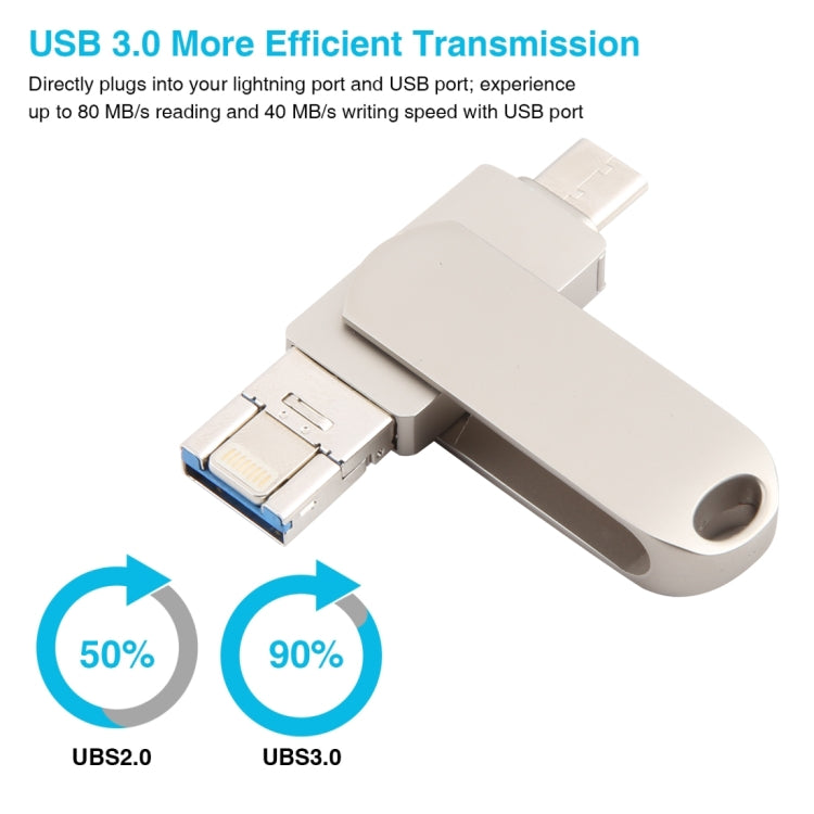 3 in 1 64G Micro USB + 8 Pin + Typ-C Metall rotierender Push-Pull-Flash-Speicher mit OTG-Funktion, 64G USB + 8 Pin + Typ-C
