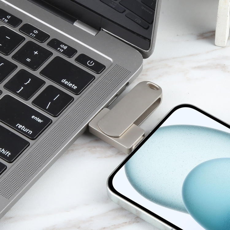 3 in 1 64G Micro USB + 8 Pin + Typ-C Metall rotierender Push-Pull-Flash-Speicher mit OTG-Funktion, 64G USB + 8 Pin + Typ-C