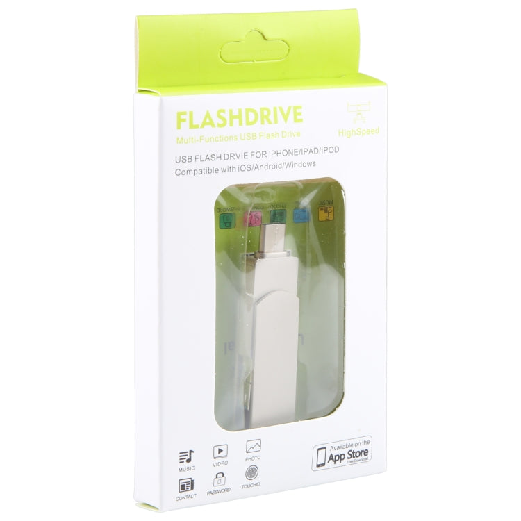 3 in 1 64G Micro USB + 8 Pin + Typ-C Metall rotierender Push-Pull-Flash-Speicher mit OTG-Funktion, 64G USB + 8 Pin + Typ-C
