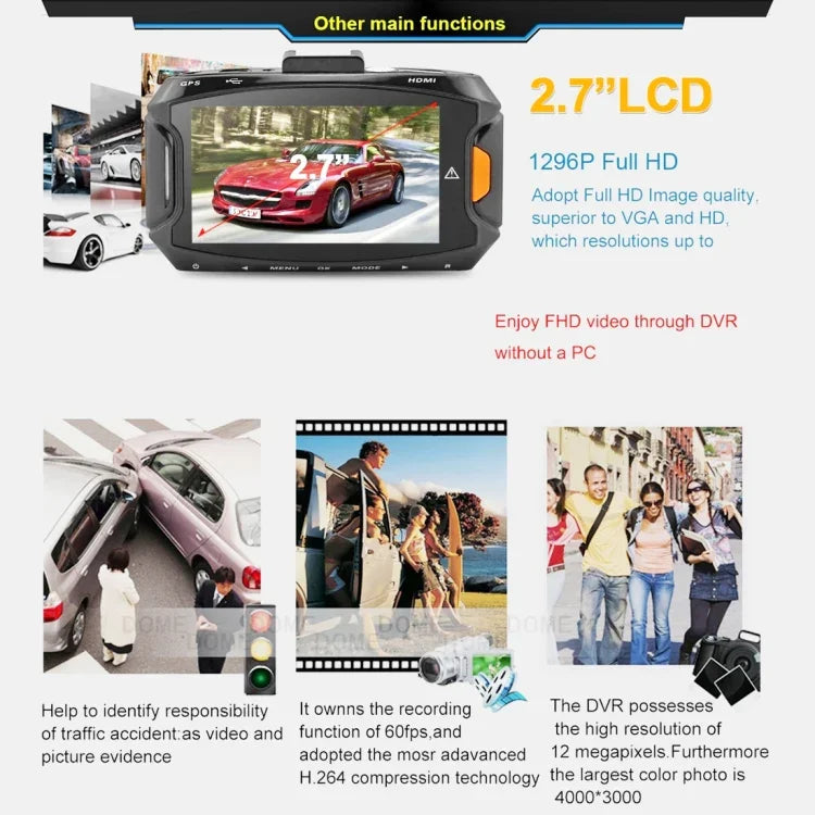 GS90C Auto-DVR-Kamera 2,7-Zoll-LCD-Bildschirm HD 2304 x 1296P 170 Grad Weitwinkelansicht, unterstützt Bewegungserkennung / TF-Karte / G-Sensor / HDMI, GS90C
