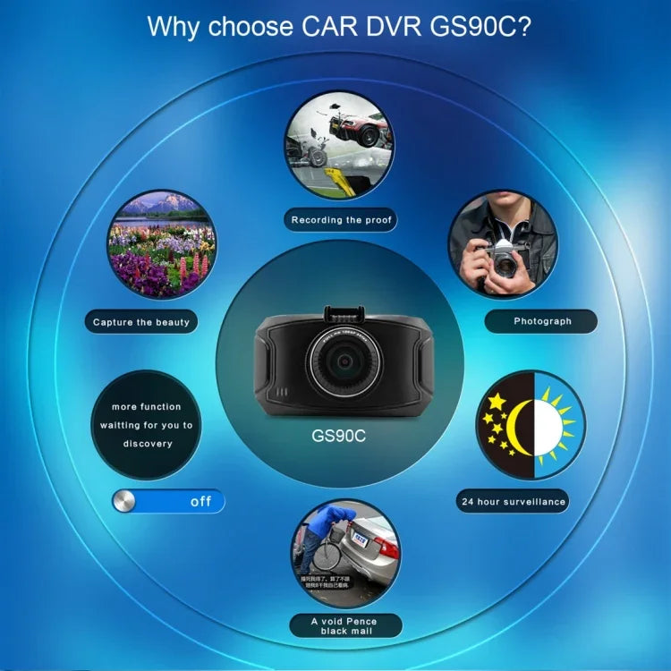 GS90C Auto-DVR-Kamera 2,7-Zoll-LCD-Bildschirm HD 2304 x 1296P 170 Grad Weitwinkelansicht, unterstützt Bewegungserkennung / TF-Karte / G-Sensor / HDMI, GS90C