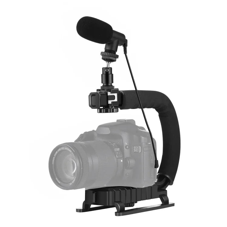 PULUZ U/C Shape Tragbarer Hand-DV-Halterungsstabilisator + Video-Richtmikrofon-Set mit Blitzschuh-Stativkopf für alle SLR-Kameras und Heim-DV-Kameras, Halterungsset + Mikrofon