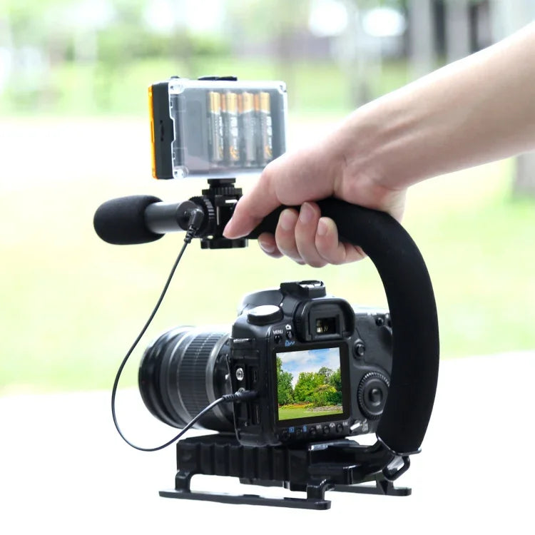 PULUZ U/C Shape Tragbarer Hand-DV-Halterungsstabilisator + Video-Richtmikrofon-Set mit Blitzschuh-Stativkopf für alle SLR-Kameras und Heim-DV-Kameras, Halterungsset + Mikrofon