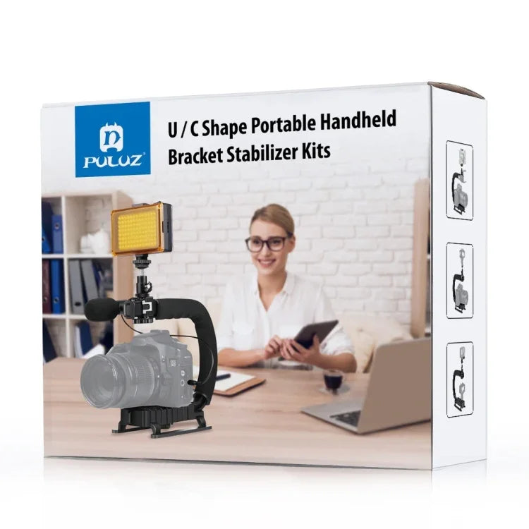 PULUZ U/C Shape Tragbarer Hand-DV-Halterungsstabilisator + Video-Richtmikrofon-Set mit Blitzschuh-Stativkopf für alle SLR-Kameras und Heim-DV-Kameras, Halterungsset + Mikrofon