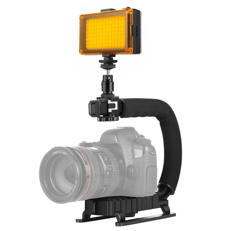 PULUZ U/C Shape Tragbarer Hand-DV-Halterungsstabilisator + LED-Studioleuchten-Set mit Blitzschuh-Stativkopf für alle Spiegelreflexkameras und Heim-DV-Kameras, Halterungssets + LED