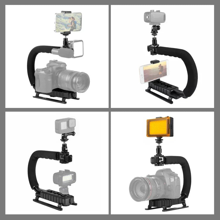 PULUZ U/C Shape Tragbarer Hand-DV-Halterungsstabilisator + LED-Studioleuchten-Set mit Blitzschuh-Stativkopf für alle Spiegelreflexkameras und Heim-DV-Kameras, Halterungssets + LED