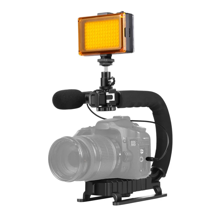 PULUZ U/C Shape Tragbarer Handstabilisator für DV-Kameras + LED-Studioleuchte + Richtmikrofon-Set mit Blitzschuh-Stativkopf für alle Spiegelreflexkameras und Heim-DV-Kameras, Halterungsset + Mikrofon + LED