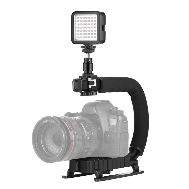 PULUZ U/C-förmiger tragbarer Handstabilisator für DV-Kameras + LED-Aufhelllicht-Set mit Blitzschuh-Stativkopf für alle Spiegelreflexkameras und Heim-DV-Kameras, C-förmige Halterung + Aufhelllicht
