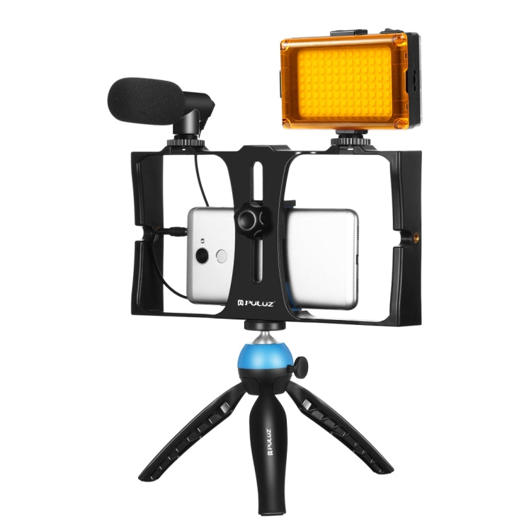 PULUZ 4-in-1 Vlogging Live Broadcast LED Selfie Licht Smartphone Video Rig Kits mit Mikrofon + Stativhalterung + Blitzschuh-Stativkopf für iPhone, Galaxy, Huawei, Xiaomi, HTC, LG, Google und andere Smartphones, 4-in-1 (Blau), 4 in 1, 4-in-1 (US)