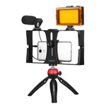 PULUZ 4-in-1 Vlogging Live Broadcast LED Selfie Licht Smartphone Video Rig Kits mit Mikrofon + Stativhalterung + Blitzschuh-Stativkopf für iPhone, Galaxy, Huawei, Xiaomi, HTC, LG, Google und andere Smartphones, 4-in-1 (Blau), 4 in 1, 4-in-1 (US)