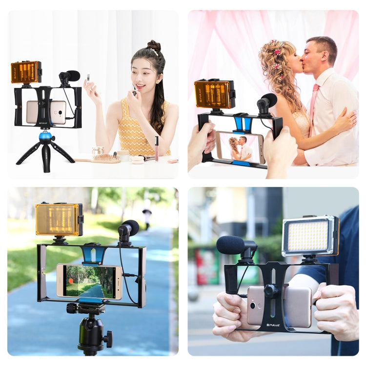 PULUZ 4-in-1 Vlogging Live Broadcast LED Selfie Licht Smartphone Video Rig Kits mit Mikrofon + Stativhalterung + Blitzschuh-Stativkopf für iPhone, Galaxy, Huawei, Xiaomi, HTC, LG, Google und andere Smartphones, 4-in-1 (Blau), 4 in 1, 4-in-1 (US)