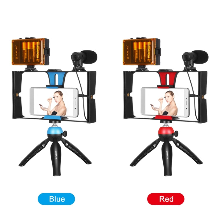 PULUZ 4-in-1 Vlogging Live Broadcast LED Selfie Licht Smartphone Video Rig Kits mit Mikrofon + Stativhalterung + Blitzschuh-Stativkopf für iPhone, Galaxy, Huawei, Xiaomi, HTC, LG, Google und andere Smartphones, 4-in-1 (Blau), 4 in 1, 4-in-1 (US)
