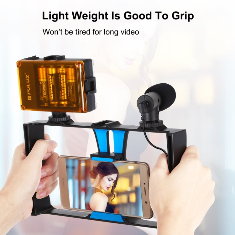 PULUZ 4-in-1 Vlogging Live Broadcast LED Selfie Licht Smartphone Video Rig Kits mit Mikrofon + Stativhalterung + Blitzschuh-Stativkopf für iPhone, Galaxy, Huawei, Xiaomi, HTC, LG, Google und andere Smartphones, 4-in-1 (Blau), 4 in 1, 4-in-1 (US)