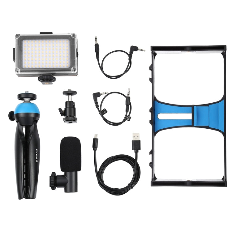 PULUZ 4-in-1 Vlogging Live Broadcast LED Selfie Licht Smartphone Video Rig Kits mit Mikrofon + Stativhalterung + Blitzschuh-Stativkopf für iPhone, Galaxy, Huawei, Xiaomi, HTC, LG, Google und andere Smartphones, 4-in-1 (Blau), 4 in 1, 4-in-1 (US)
