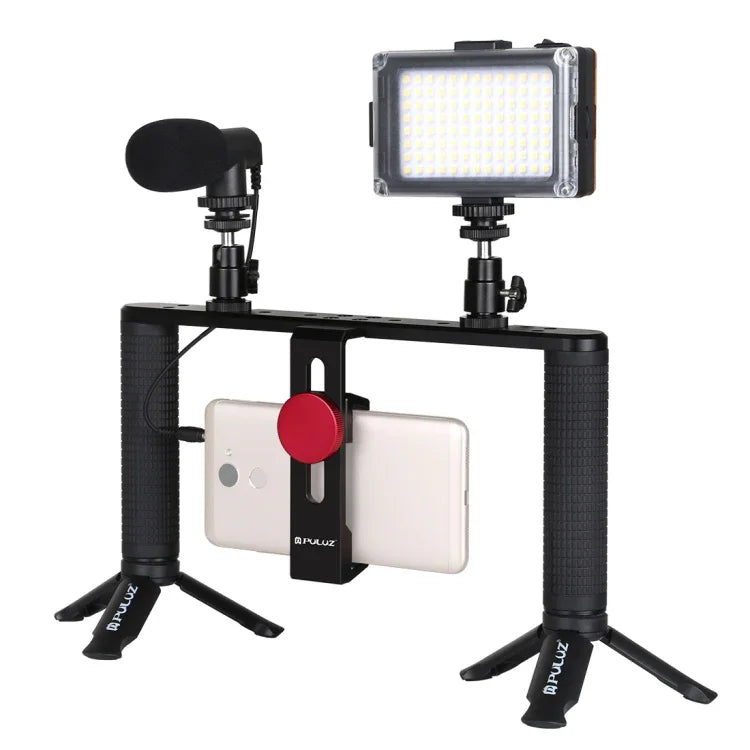 PULUZ 4-in-1 Vlogging Live Broadcast LED-Selfie-Licht Smartphone-Videorig Griff Stabilisator Aluminium-Halterungsset mit Mikrofon + Stativhalterung + Blitzschuh-Stativkopf, Aluminium-Halterungsset