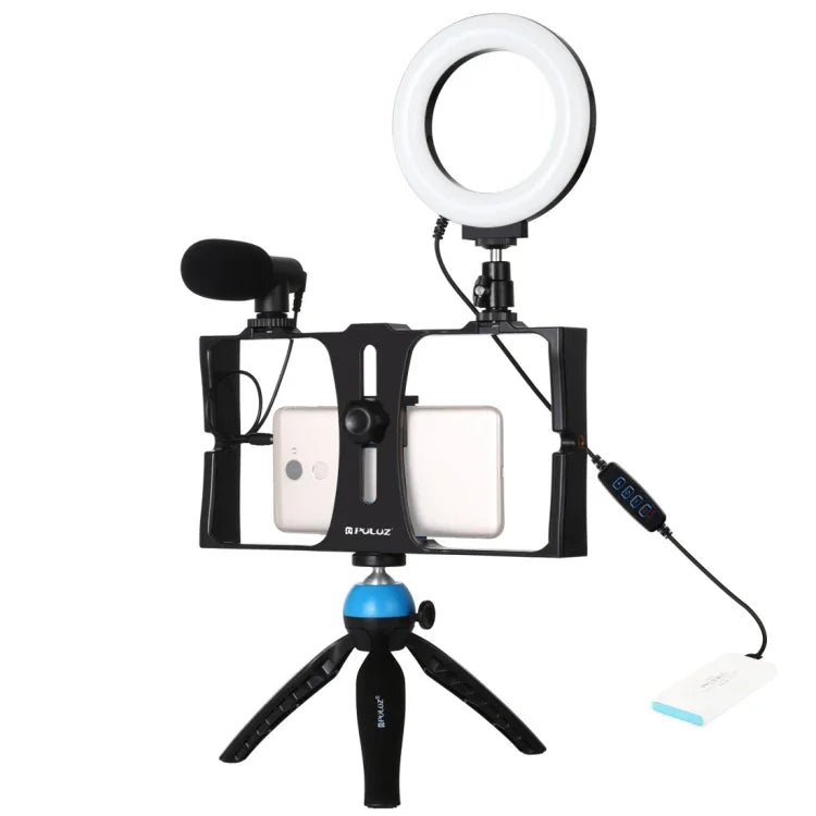 PULUZ 4-in-1 Vlogging-Live-Übertragungs-Smartphone-Video-Rig + 12 cm LED-Ringlicht-Selfie-Licht-Set mit Mikrofon + Stativhalterung + Blitzschuh-Stativkopf für iPhone, Galaxy, Huawei, Xiaomi, HTC, LG, Google und andere Smartphones, 4-in-1-Ring-LED