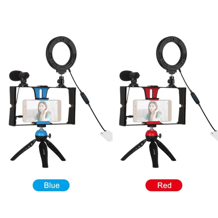 PULUZ 4 in 1 Vlogging Live Broadcast Smartphone Video Rig + 4.7 inch 12cm Ring LED Selfie Light Kits with Microphone + Tripod Mount + Cold Shoe Tripod Head for iPhone, Galaxy, Huawei, Xiaomi, HTC, LG, Google, and Other Smartphones, 4 in 1 Ring LED