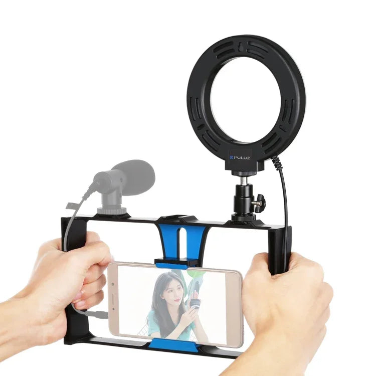 PULUZ 2-in-1 Vlogging-Live-Übertragungs-Smartphone-Video-Rig + 12 cm (4,7 Zoll) LED-Ringlicht-Selfie-Licht-Set mit Blitzschuh-Stativkopf für iPhone, Galaxy, Huawei, Xiaomi, HTC, LG, Google und andere Smartphones, 2-in-1-Ring-LED