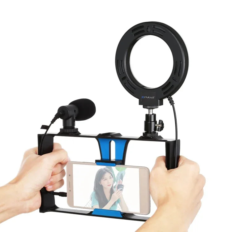 PULUZ 3-in-1 Vlogging-Live-Übertragungs-Smartphone-Video-Rig + Mikrofon + 12 cm LED-Ringlicht-Selfie-Licht-Set mit Blitzschuh-Stativkopf für iPhone, Galaxy, Huawei, Xiaomi, HTC, LG, Google und andere Smartphones, 3-in-1-Ring-LED