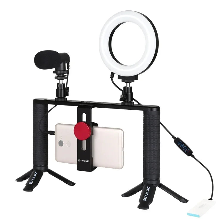 PULUZ 4-in-1 Vlogging-Live-Übertragungs-Set mit 12 cm (4,7 Zoll) Ring-LED-Selfie-Licht, Smartphone-Video-Rig, Griff, Stabilisator, Aluminiumhalterung, Mikrofon, Stativhalterung und Blitzschuh-Stativkopf