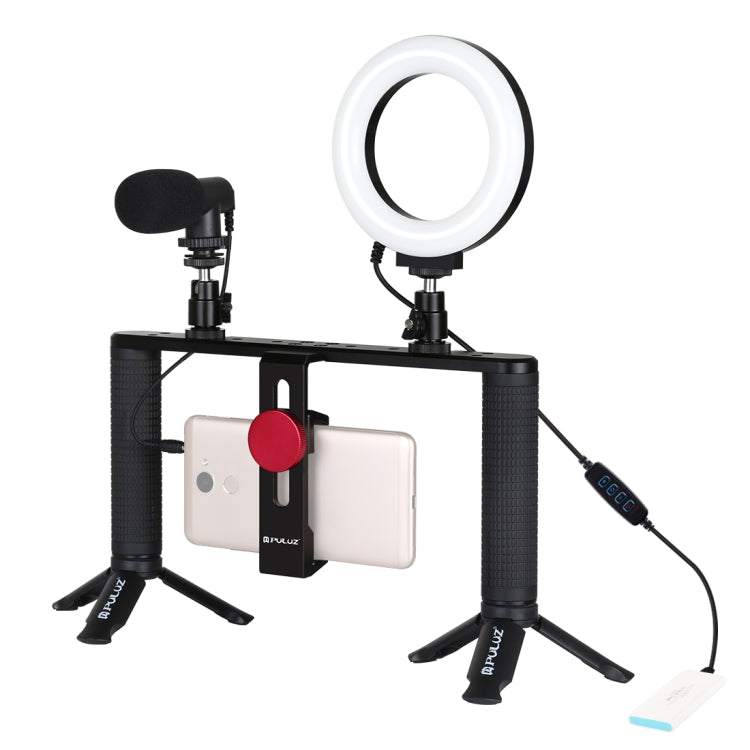 PULUZ 4-in-1 Vlogging-Live-Übertragungs-Set mit 12 cm (4,7 Zoll) Ring-LED-Selfie-Licht, Smartphone-Video-Rig, Griff, Stabilisator, Aluminiumhalterung, Mikrofon, Stativhalterung und Blitzschuh-Stativkopf