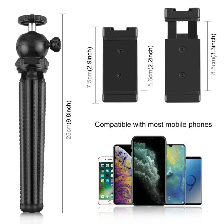 PULUZ Mini-Oktopus-Stativhalterung mit Kugelkopf, Handyklemme, Stativadapter und langer Schraube für Spiegelreflexkameras, GoPro und Smartphones. Größe: 25 cm x 4,5 cm.
