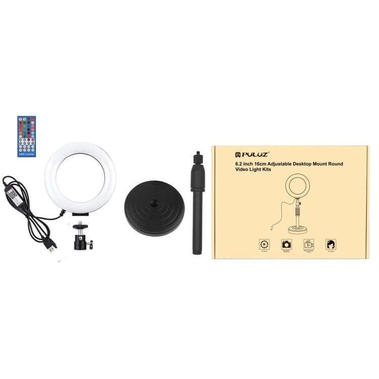 PULUZ 6,2 Zoll 16 cm RGBW Licht + Runde Basis Desktop-Halter USB Dimmbares LED-Ring Vlogging Fotografie Video Licht mit Kalt-Schuh Stativ Kugelkopf & Fernbedienung, Desktop-Halterung + 6,2 Zoll RGBW / Fernbedienung
