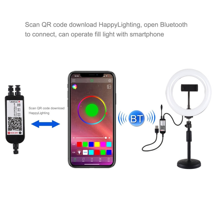 PULUZ 7,9 Zoll 20cm RGBW Licht + Runde Basis Desktop-Halterung Dimmbares LED Dual Farbtemperatur LED Gebogenes Licht-Ring Vlogging Selfie Fotografie Video Licht mit Telefonhalterung, 7,9 Zoll + Runde Halterung