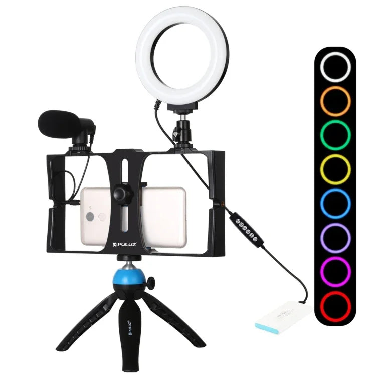 PULUZ 4-in-1 Vlogging-Live-Broadcast-Smartphone-Video-Rig + 12 cm RGBW-Ring-LED-Selfie-Licht + Mikrofon + Taschenstativ-Halterungsset mit Blitzschuh-Stativkopf, 4-in-1, 4-in-1 RGBW-Ring-LED