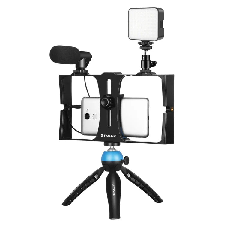 PULUZ 4-in-1 Vlogging Live Broadcast LED Selfie-Fülllicht Smartphone-Video-Rig-Kit mit Mikrofon + Stativhalterung + Blitzschuh-Stativkopf für iPhone, Galaxy, Huawei, Xiaomi, HTC, LG, Google und andere Smartphones, 4-in-1 Fülllicht-Rig-Kit