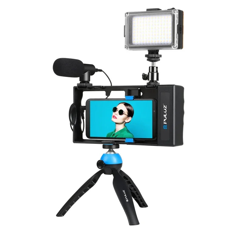 PULUZ 4-in-1 Bluetooth-Handkamera-Set für Vlogging, Live-Übertragungen, LED-Selfie-Licht, Smartphone-Video-Rig mit Mikrofon, Stativhalterung und Blitzschuh-Stativkopf für iPhone, Galaxy, Huawei, Xiaomi, HTC, LG, Google und andere Smartphones.