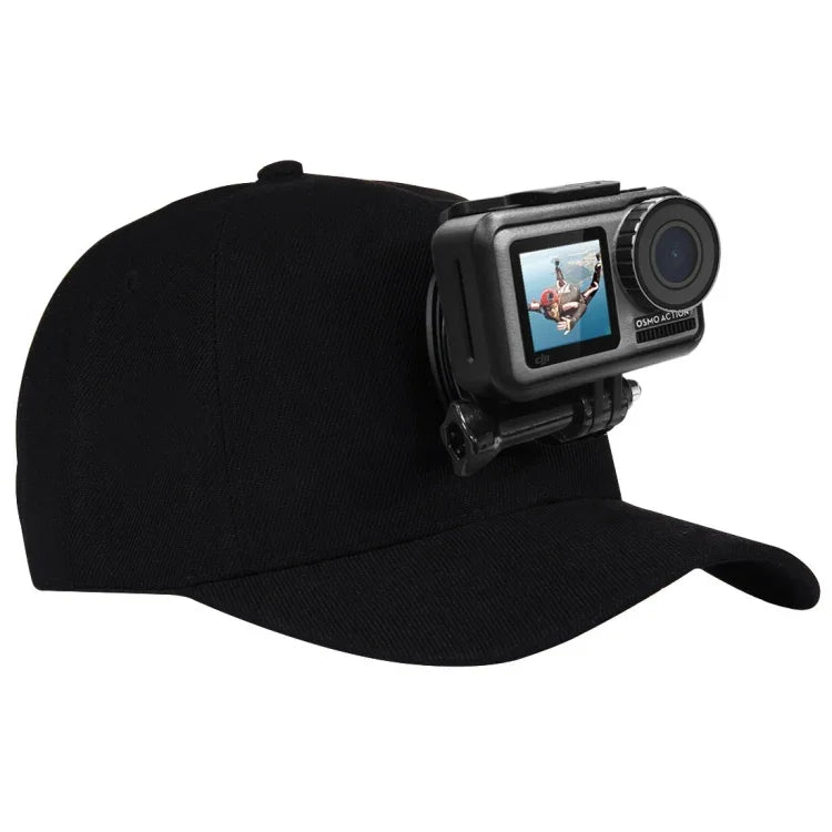 PULUZ Baseballkappe mit J-Haken-Schnallenhalterung und Schraube für GoPro, DJI OSMO Action und andere Action-Kameras, erhältlich in Schwarz, Rot und Dunkelblau.