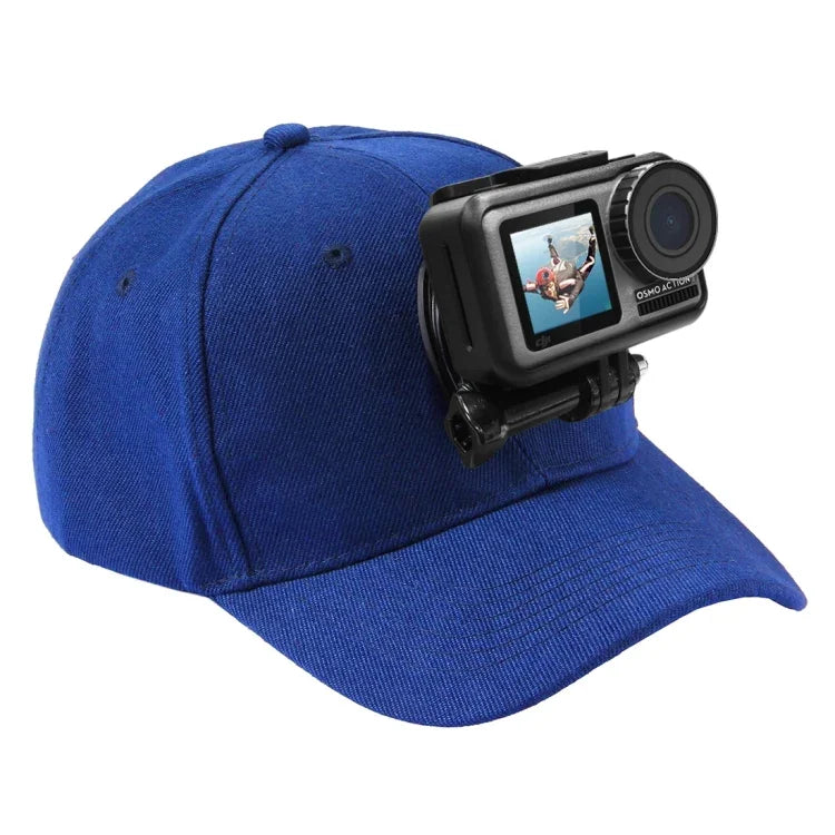 PULUZ Baseballkappe mit J-Haken-Schnallenhalterung und Schraube für GoPro, DJI OSMO Action und andere Action-Kameras, erhältlich in Schwarz, Rot und Dunkelblau.