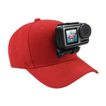 PULUZ Baseballkappe mit J-Haken-Schnallenhalterung und Schraube für GoPro, DJI OSMO Action und andere Action-Kameras, erhältlich in Schwarz, Rot und Dunkelblau.