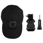 PULUZ Baseballkappe mit J-Haken-Schnallenhalterung und Schraube für GoPro, DJI OSMO Action und andere Action-Kameras, erhältlich in Schwarz, Rot und Dunkelblau.