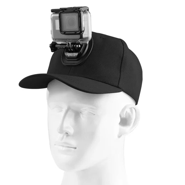PULUZ Baseballkappe mit J-Haken-Schnallenhalterung und Schraube für GoPro, DJI OSMO Action und andere Action-Kameras, erhältlich in Schwarz, Rot und Dunkelblau.