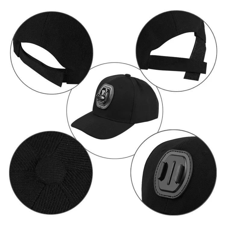 PULUZ Baseballkappe mit J-Haken-Schnallenhalterung und Schraube für GoPro, DJI OSMO Action und andere Action-Kameras, erhältlich in Schwarz, Rot und Dunkelblau.