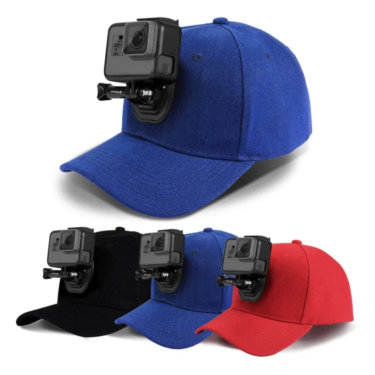 PULUZ Baseballkappe mit J-Haken-Schnallenhalterung und Schraube für GoPro, DJI OSMO Action und andere Action-Kameras, erhältlich in Schwarz, Rot und Dunkelblau.