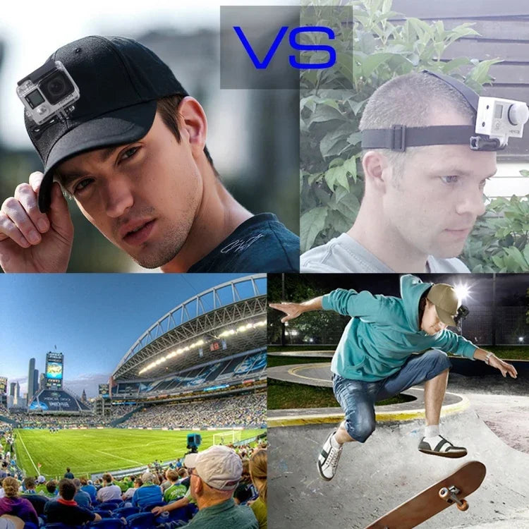 PULUZ Baseballkappe mit J-Haken-Schnallenhalterung und Schraube für GoPro, DJI OSMO Action und andere Action-Kameras, erhältlich in Schwarz, Rot und Dunkelblau.