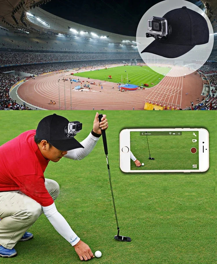 PULUZ Baseballkappe mit J-Haken-Schnallenhalterung und Schraube für GoPro, DJI OSMO Action und andere Action-Kameras, erhältlich in Schwarz, Rot und Dunkelblau.